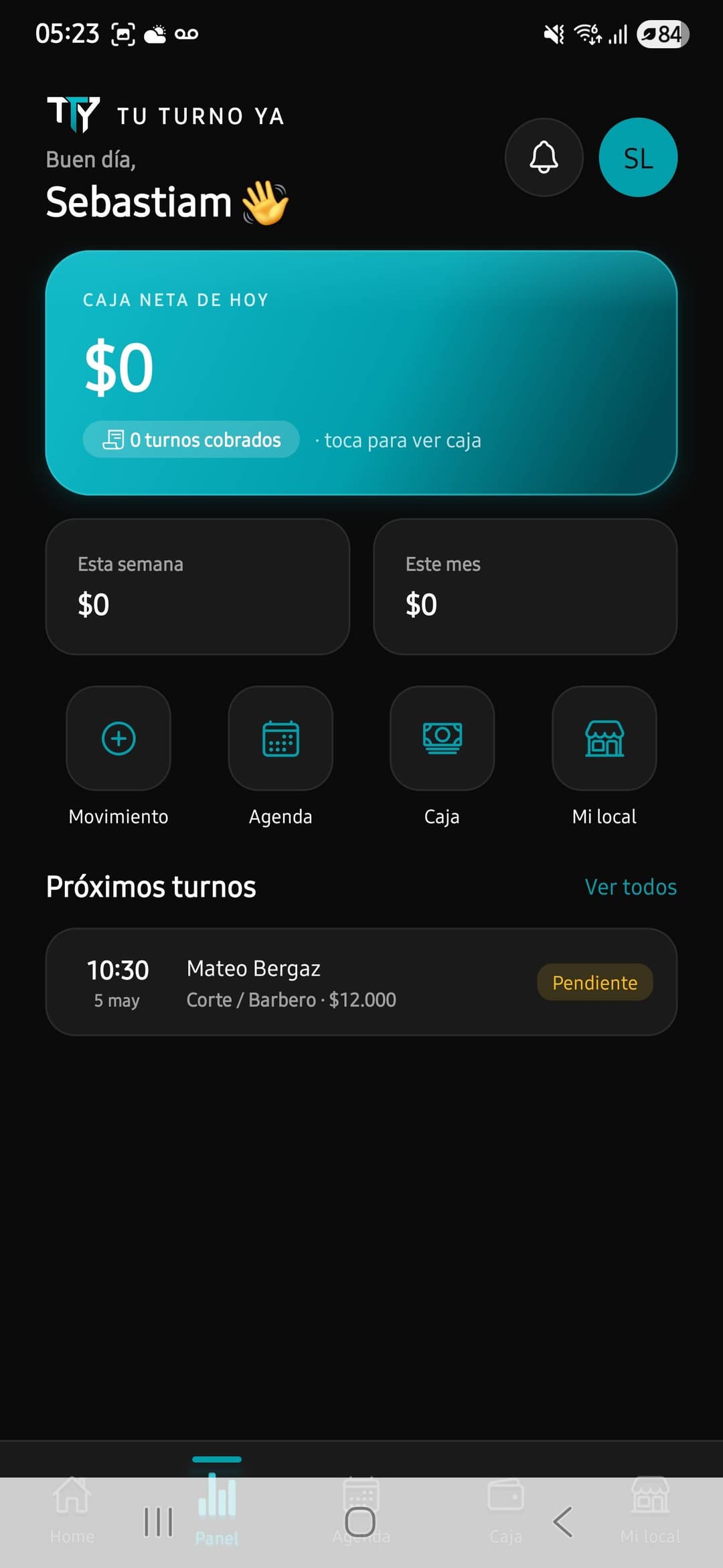 Panel de TU TURNO YA mostrando caja del día, agenda y próximos turnos